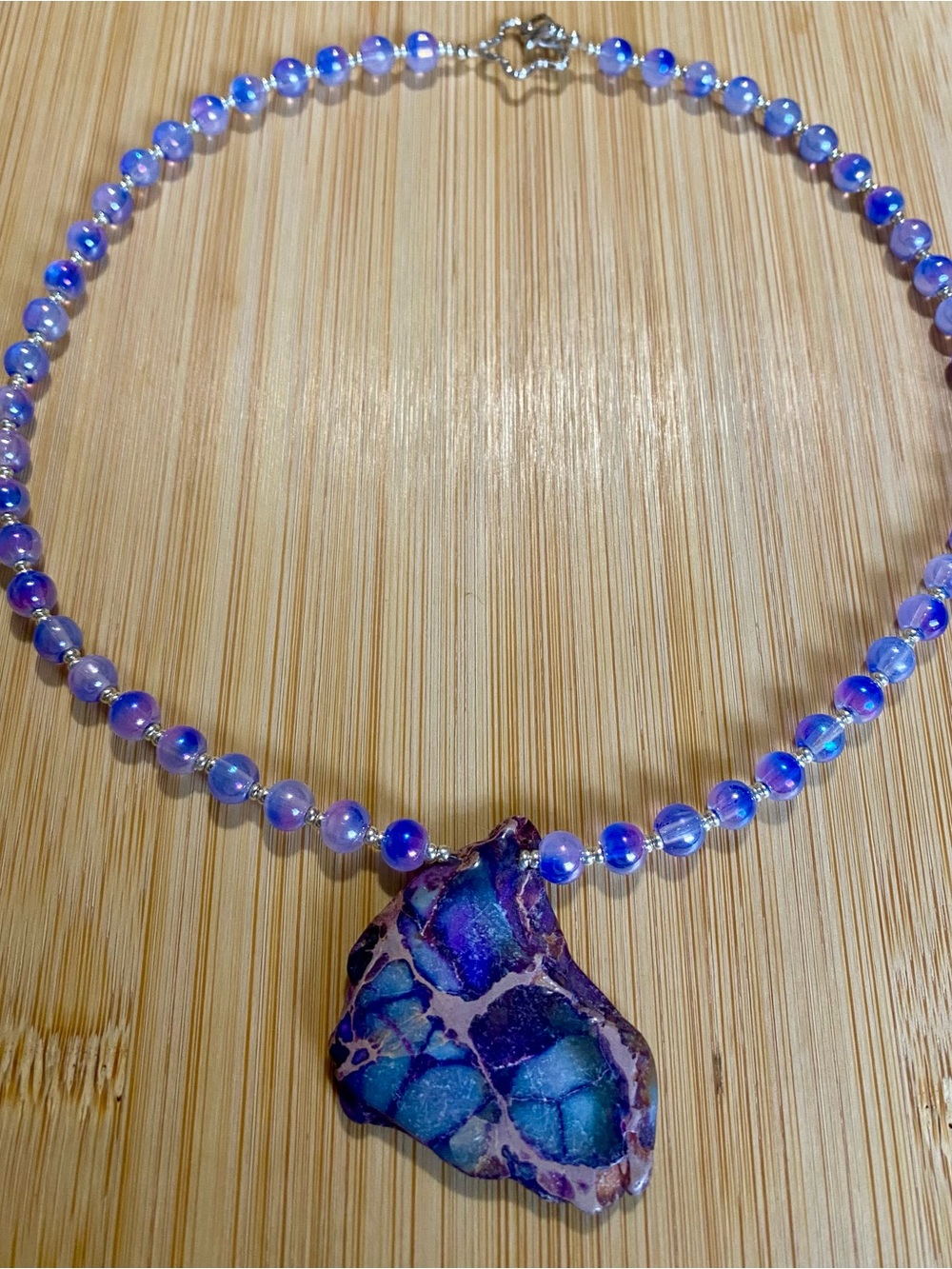 Handmade Purple Blue Beaded Necklace with Imperial Jasper Pendant